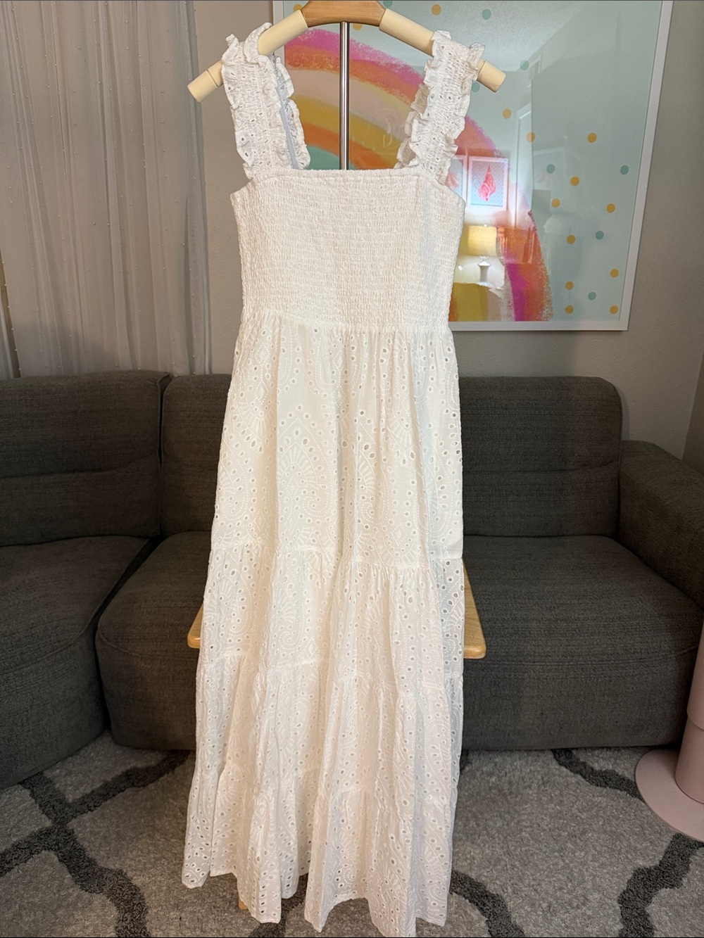 Lucy Paris White Eyelet Ruffled Strap Maxi Dress
